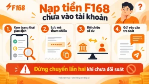 Minh họa bốn bước đối soát giao dịch nạp F168 chưa ghi có và cảnh báo không chuyển lần hai trước khi kiểm tra.