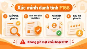 Minh họa bốn bước kiểm tra yêu cầu xác minh F168 trước khi cung cấp dữ liệu; không chia sẻ mật khẩu hoặc mã OTP.